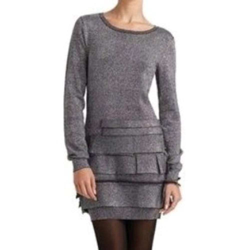 BCBGMAXAZRIA Womens Sparkle Knit Tiered Ruffle Dress Black Silver Small‎ Stretch